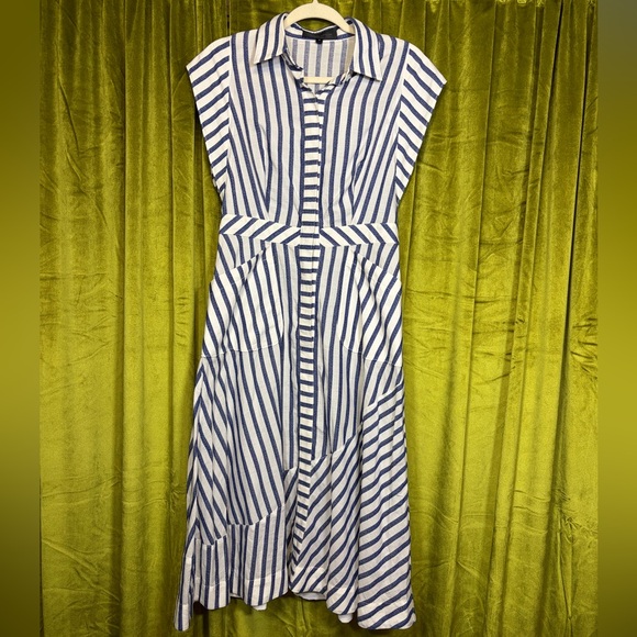Hilton Hollis Blue Stripes Handkerchief Cotton Collared Midi Dress Size 4 $450